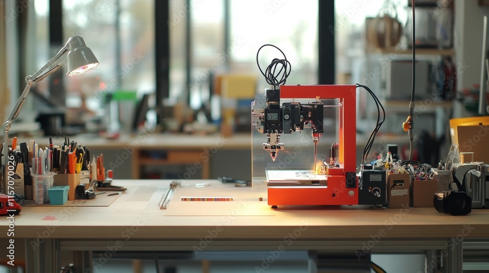 Poster modern desktop cnc machine in creative workshop environment
