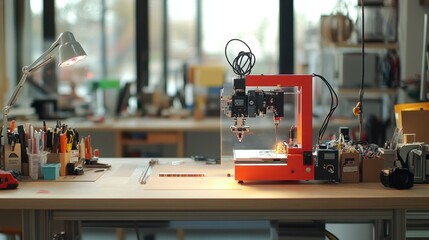 Fototapeta premium Modern Desktop CNC Machine in Creative Workshop Environment