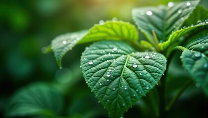 Closeup view of green leaves covered with water droplets. Natural eco background. Fresh, vibrant image. Represents eco sustainability, responsibility. Sustainable eco theme. Natural freshness. Nature