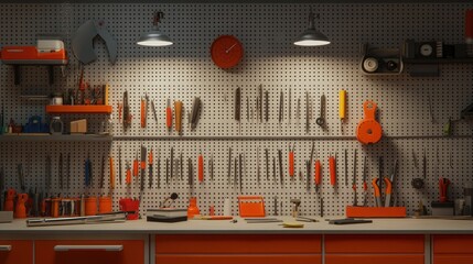 Organized Workshop with Bright Tools and Equipment on Pegboard