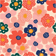 Floral Pattern with Leaves in Bright Colors on Colored Background