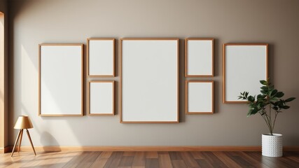 Fototapeta premium Modern Minimalist Gallery Wall with Blank Frames and Plant