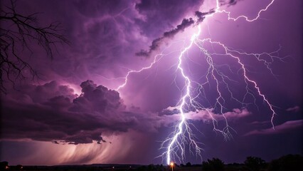 Surreal Neon Purple Thunderstorm: Electric Bolt Energy Flash Stock Photo