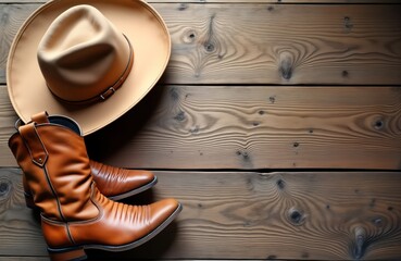 Brown cowboy boots, hat on rustic wooden background. Western style accessories. Classic country fashion items. Flat lay photo for invitation card. Rustic style image. Empty space for design, text.