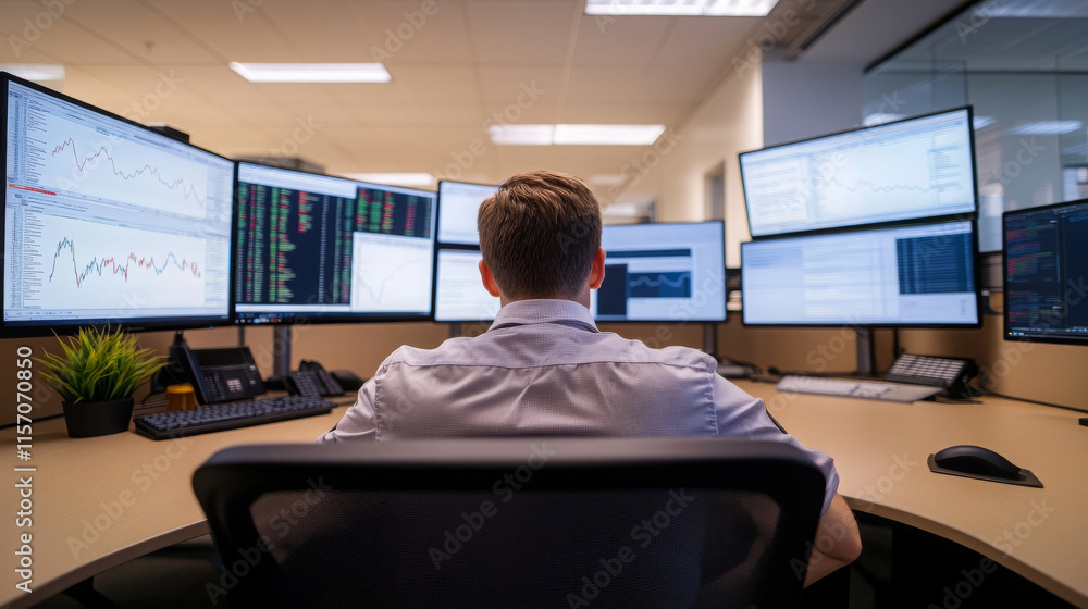 Aufkleber financial analyst working office, focused stock market predictions using multiple monitors displayin