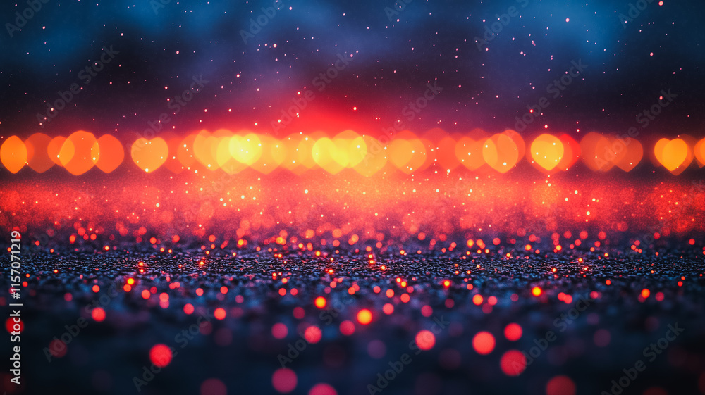 Poster a blurry image of a field of red and blue lights with a red heart in the middle
