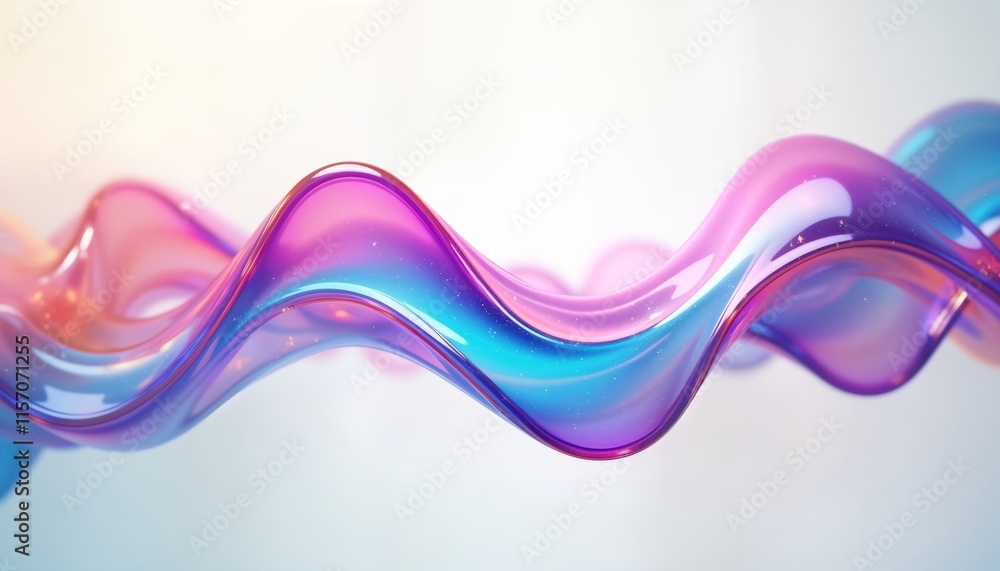 Poster Abstract holographic gradient wave shape with glossy 3D effect. Liquid form twists creating colorful pattern on transparent background. Design features vibrant neon pink purple blue colours. Modern