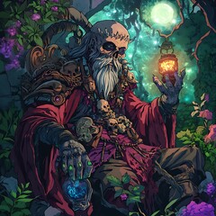A mystical figure with a skull face, holding glowing orbs amidst a lush, enchanted setting.