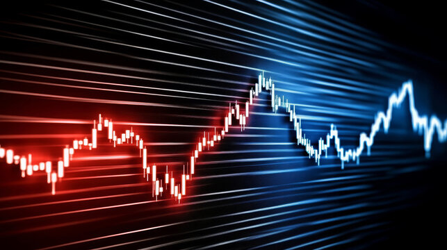dynamic graph with blue and red color scheme illustrates fluctuating data trends, showcasing sharp increases and decreases in values. visual representation evokes sense of movement and change