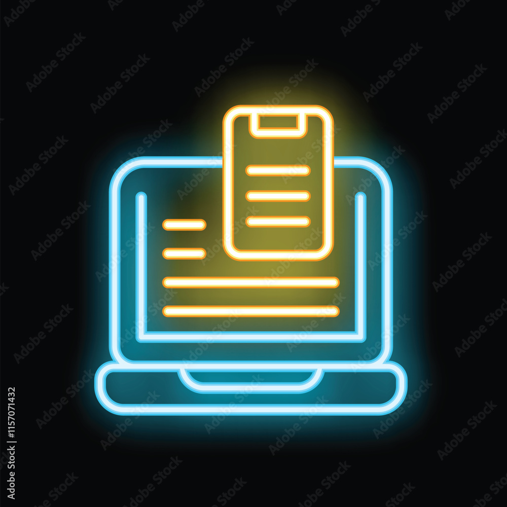 Poster neon laptop showing online survey form for voting with checkboxes on black background
