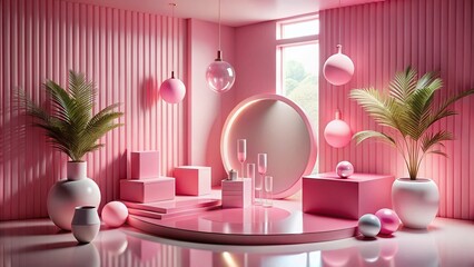 Surreal Pink Product Showcase: Modern Art Room Studio Backdrop - Stock Photo