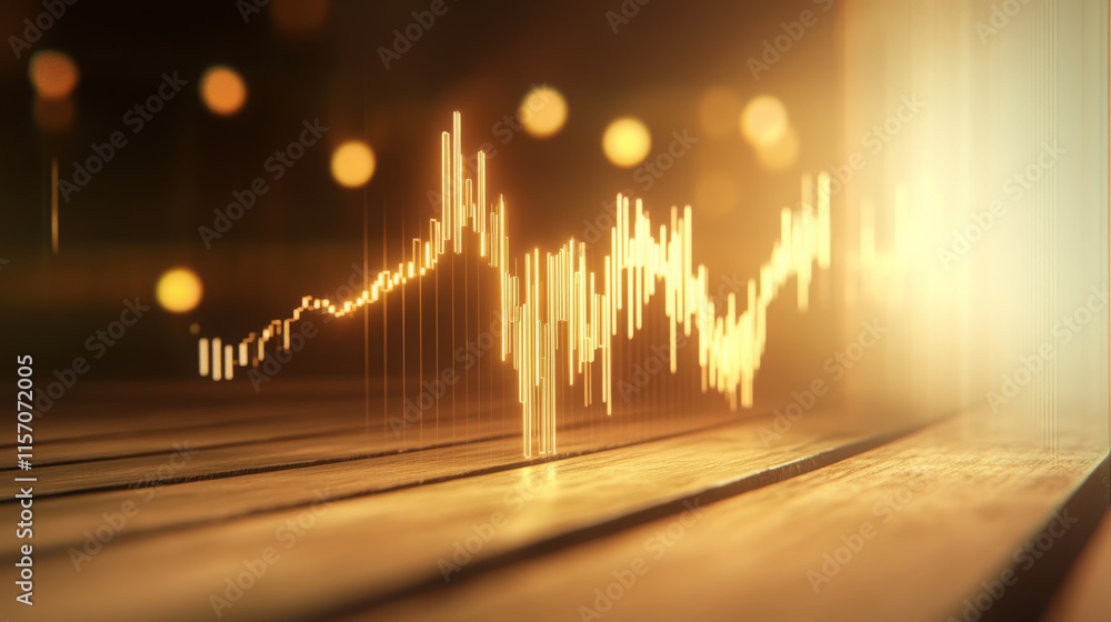 Poster close up image of stock market graph showing fluctuating trends and data visualization. warm lightin
