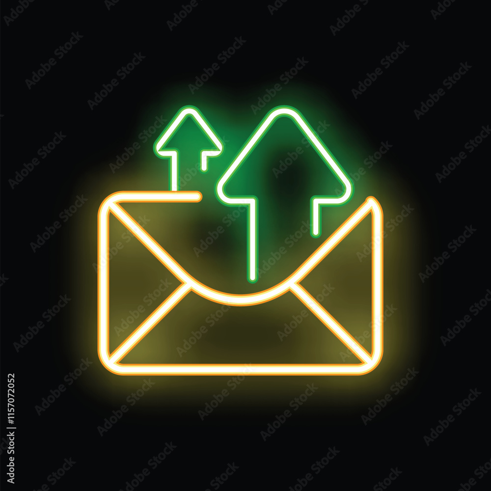 Poster neon mail envelope with uploading arrows on black background, concept of sending email