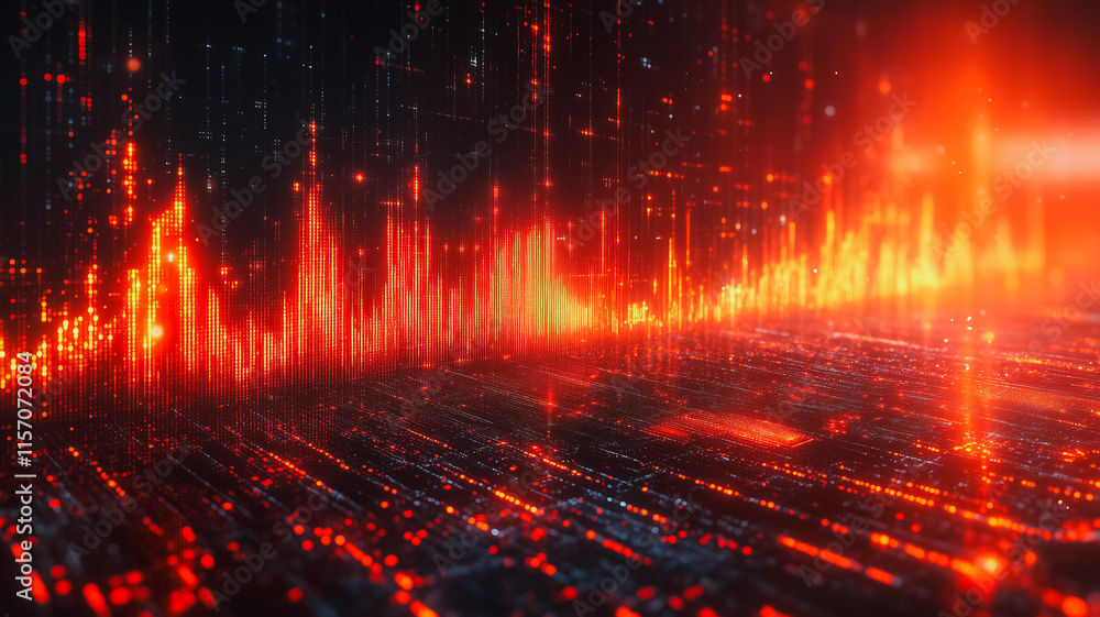 Poster a computer generated image of a cityscape with red and orange lines and shapes