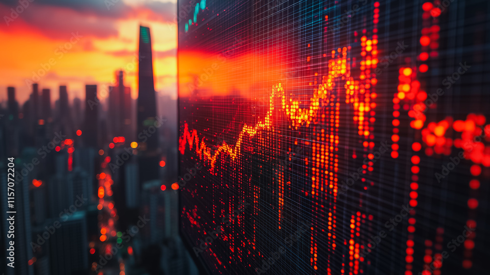 Poster a city skyline is shown with a large screen displaying a graph of stock prices