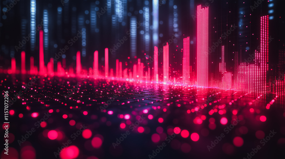 Poster a computer generated image of a cityscape with red and blue lights