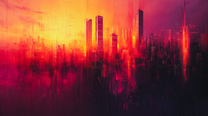 A cityscape with a red and orange background. The city is lit up with neon lights and the sky is filled with clouds. Scene is energetic and vibrant