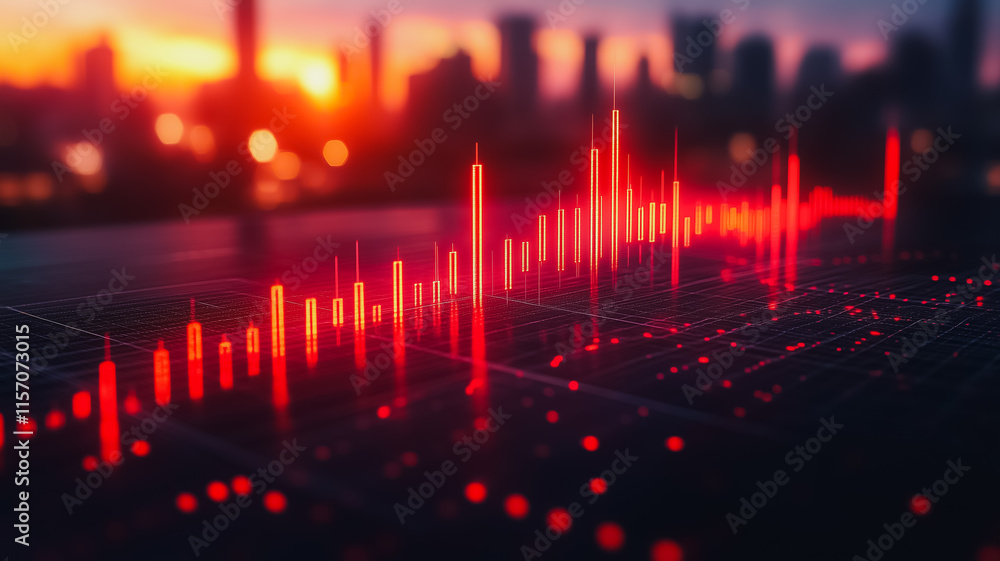 Poster a red line graph with a city in the background