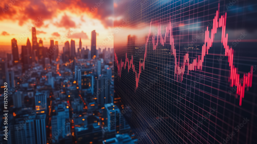 Poster a city skyline is shown with a large screen displaying a graph of stock prices