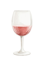 Watercolor red rose wine drink in tall glass goblet half full isolated on white background. Hand drawn illustration sketch