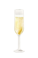 Watercolor vintage cold fancy Christmas drink champagne bubbling and fizzing in glass isolated on white background. Hand drawn illustration sketch