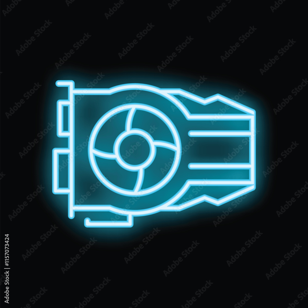 Poster blue neon icon of a computer graphics processing unit glowing on a black background