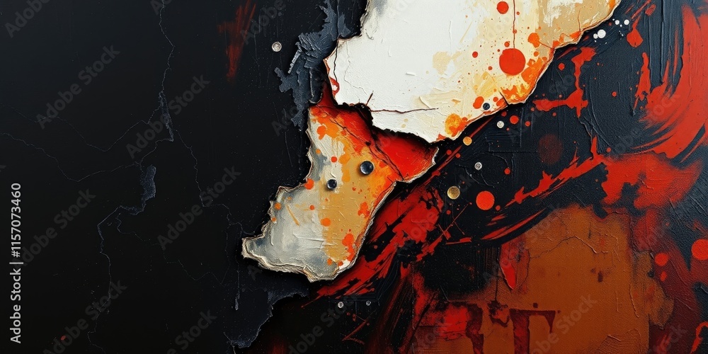 Poster an abstract composition presents a striking interplay of textures and colors, featuring vivid red an