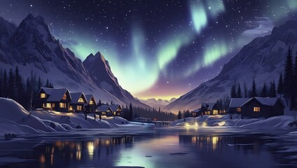 Magical winter village nestled in snowy mountains under aurora borealis.