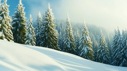Obraz premium serene winter landscape featuring evergreen trees covered in snow, creating peaceful atmosphere. soft sunlight enhances beauty of snowy scene, inviting tranquility