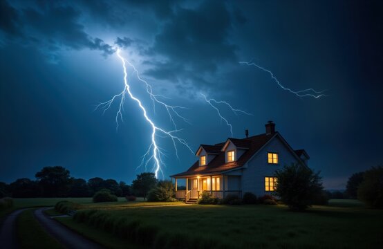 Stormy night. Lightning strikes near lit house. Night sky dark, full of powerful lightning. House safe, lit inside. Rural setting. Nature scene. Home safety. Weather emergency. Thunderstorm danger. - Powered by Adobe