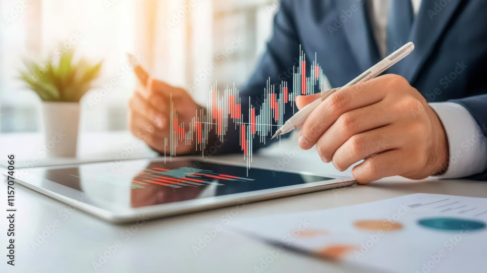 Aufkleber digital tablet displaying candlestick chart, with businessman analyzing data. modern office setting 