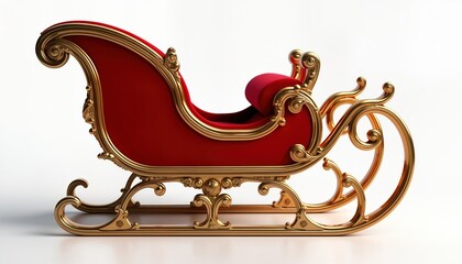 Ornate golden sleigh with red velvet interior. Traditional Christmas sleigh design. Festive holiday transport for Santa Claus. Elegant, decorative. Perfect for Christmas New Year imagery. Beautiful