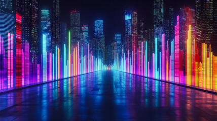 A cityscape with neon lights and a long, narrow road