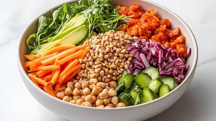 Colorful salad bowl filled with fresh vegetables and grains, showcasing healthy eating
