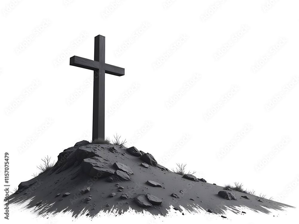 Poster painted christian cross on a hill isolated on white background with copy space in black and white si