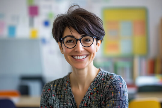Portrait of smiling female teacher wearing glasses standing in classroom and looking at camera.