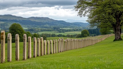 Fototapeta premium A serene cemetery features rows of old tombstones nestled in vibrant green grass under a clear blue sky