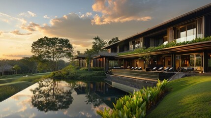A contemporary resort with modern architecture and serene natural surroundings