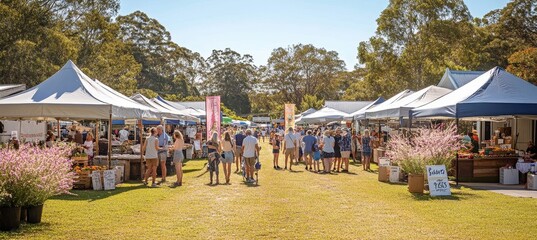Vibrant Outdoor Market with Shoppers Browsing Stalls on a Sunny Day in a Park Setting
