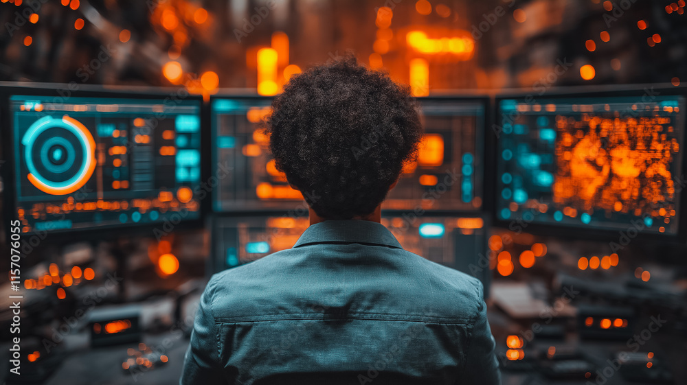 Poster a man is sitting in front of a computer monitor with three screens