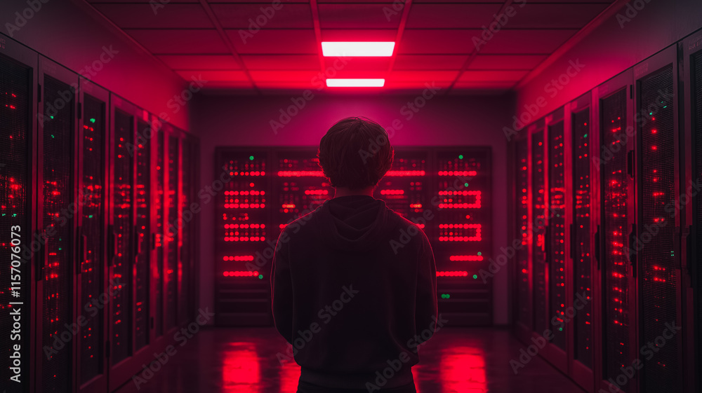 Poster a man stands in front of a row of computer servers. the servers are red and the room is dimly lit. t