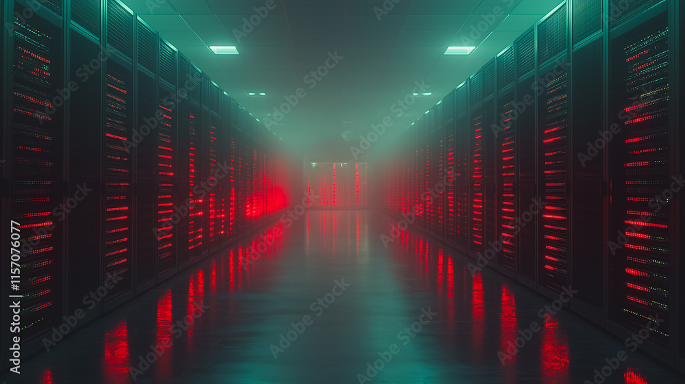 Aufkleber a long, empty hallway with red lights shining from the ceiling. the lights are bright and create a w