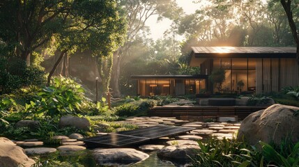 Sunlit modern house nestled in lush green forest landscape with stone path and wooden bridge.