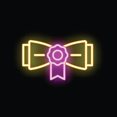Neon sign of an award ribbon with a seal is glowing on a black background