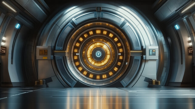 A large, secure safe with a yellow light in the center. The room is empty and has a futuristic feel to it