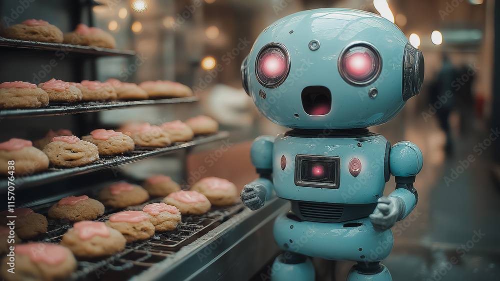 Poster a robot is standing in front of a tray of donuts. the robot is blue and has red eyes