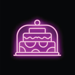 Bright pink neon sign of a cake standing on a plate under a glass cover lid on a black background