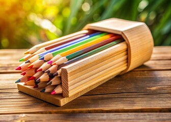 Obraz premium Tilt-Shift Photo: Eco-Friendly Wooden Pencil Case & Pencils in Sunlight