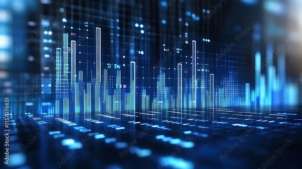 Aufkleber abstract digital data visualization; glowing blue bars graph on dark background.