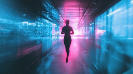 Woman running through neon-lit futuristic corridor.